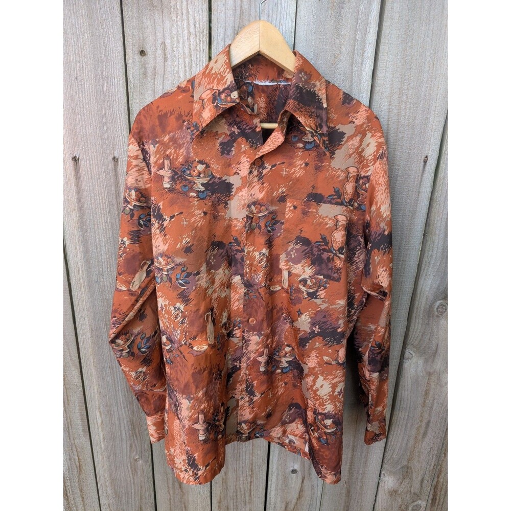 Vintage 70s Shirt Polyester Kings Road Sears Floral Disco Medium Dagger Collar